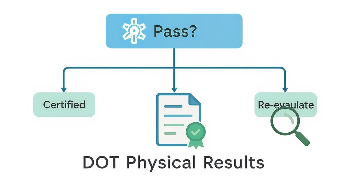 A flowchart showing the outcomes of a DOT Physical, with options for Certified, document, or Re-evaluate.