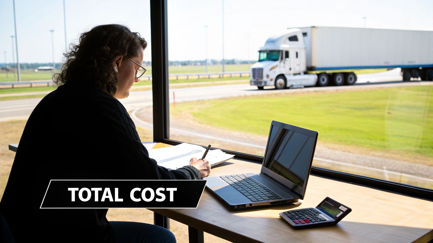 Person calculates costs at a desk with laptop and calculator, a semi-truck drives by.