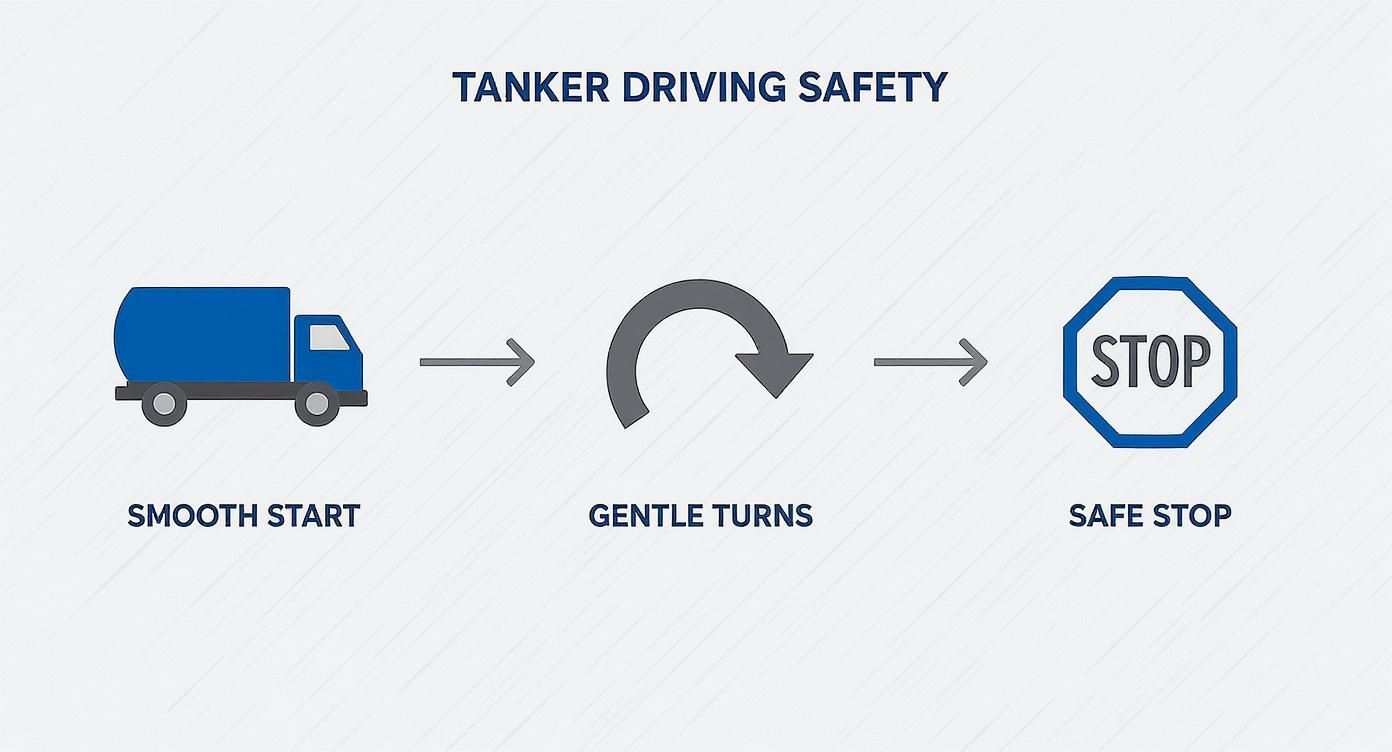 Diagram illustrating tanker driving safety steps: smooth start, gentle turns, and safe stop.