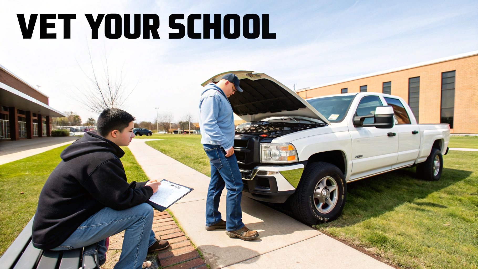 A student takes notes while an instructor examines a white pickup truck's engine at a technical school.