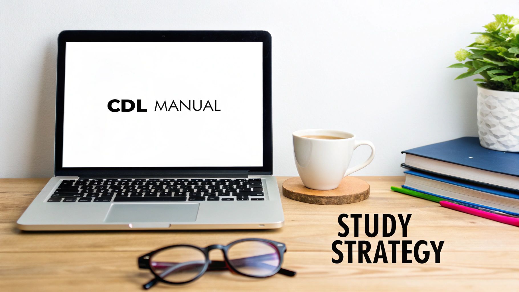 A study desk with a laptop displaying 'CDL MANUAL', books, coffee, and glasses, illustrating a study strategy.