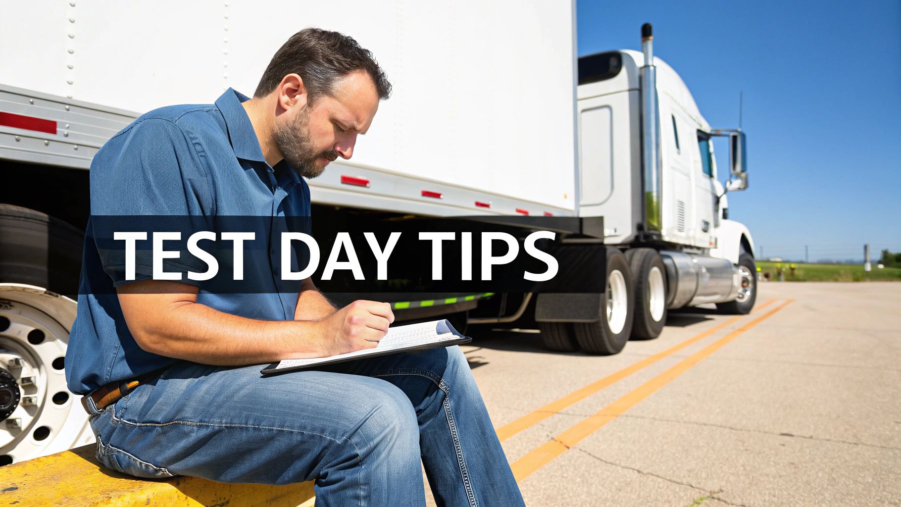 Professional truck driver studying with clipboard preparing for commercial driver's license air brakes examination