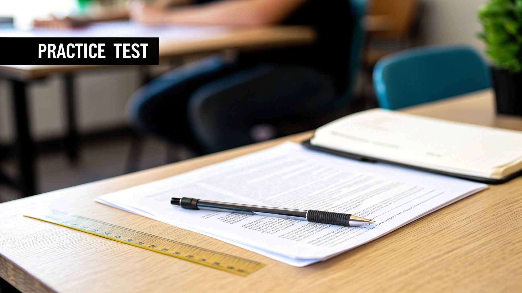 A practice test document, pen, and ruler on a wooden desk, with a blurred student in the background.
