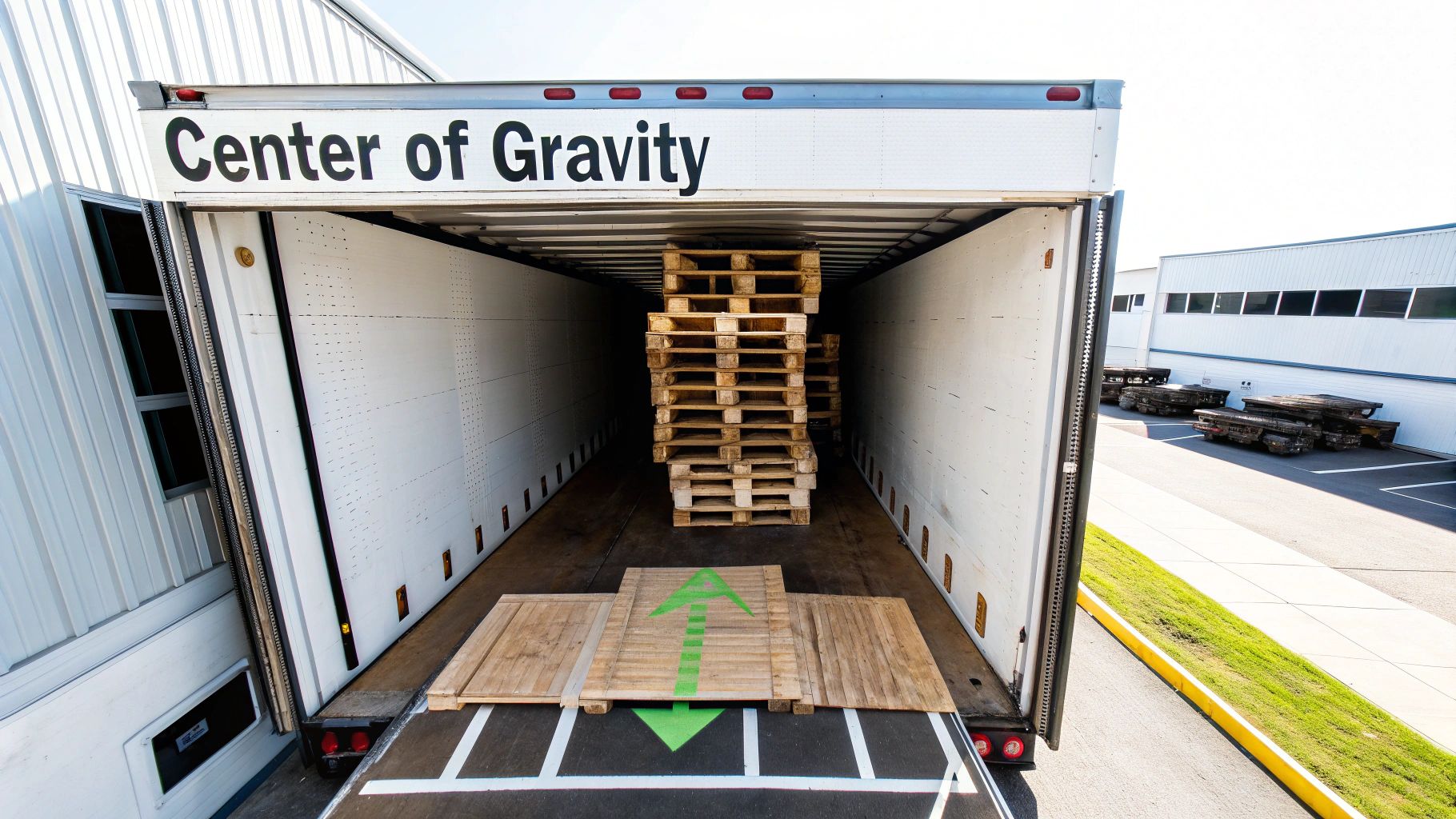 An open semi-trailer displaying 'Center of Gravity' text, loaded with wooden pallets and a directional arrow.