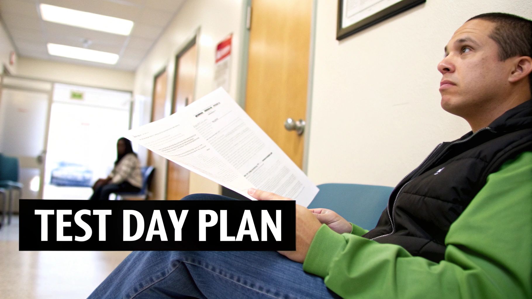 A focused person reviewing notes before their permit test.