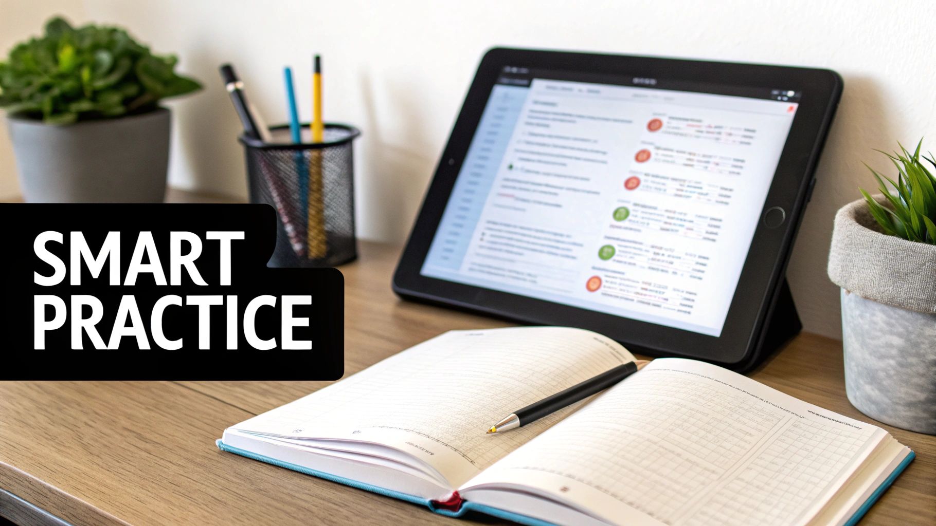 A clean desk setup with an open notebook, pen, tablet, and plants, ideal for smart practice.