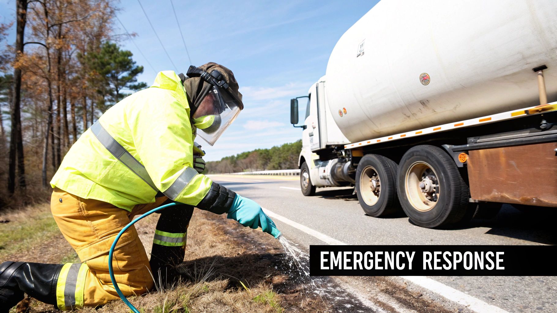 A commercial truck with its hazard lights on, pulled over on the shoulder of a highway, representing an on-the-road emergency.