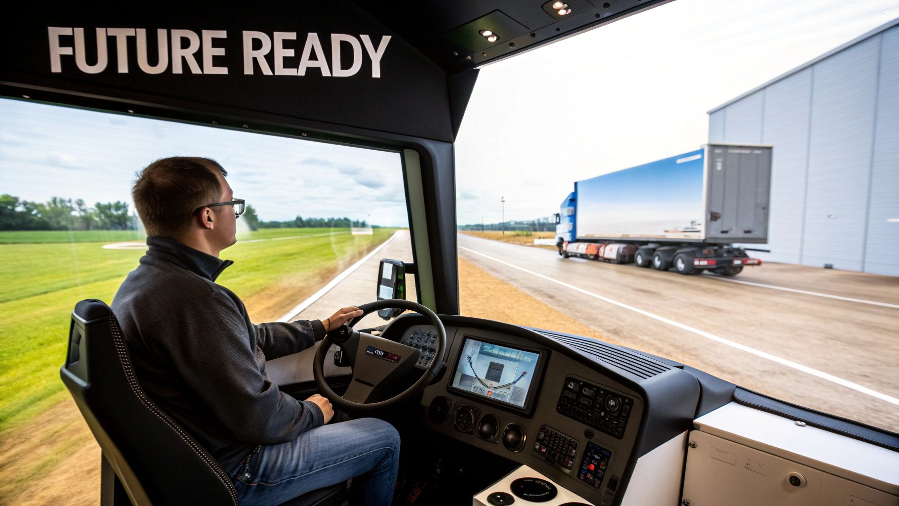 A futuristic truck cab interior with glowing digital displays.