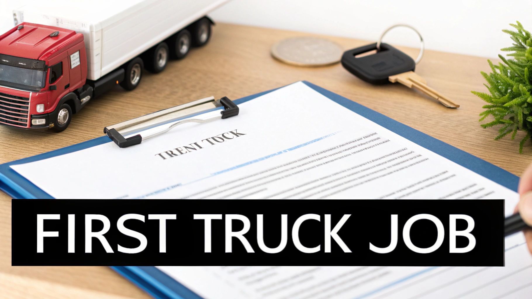 A desk with a model semi-truck, a job application on a clipboard, car keys, and a plant, symbolizing a new career.