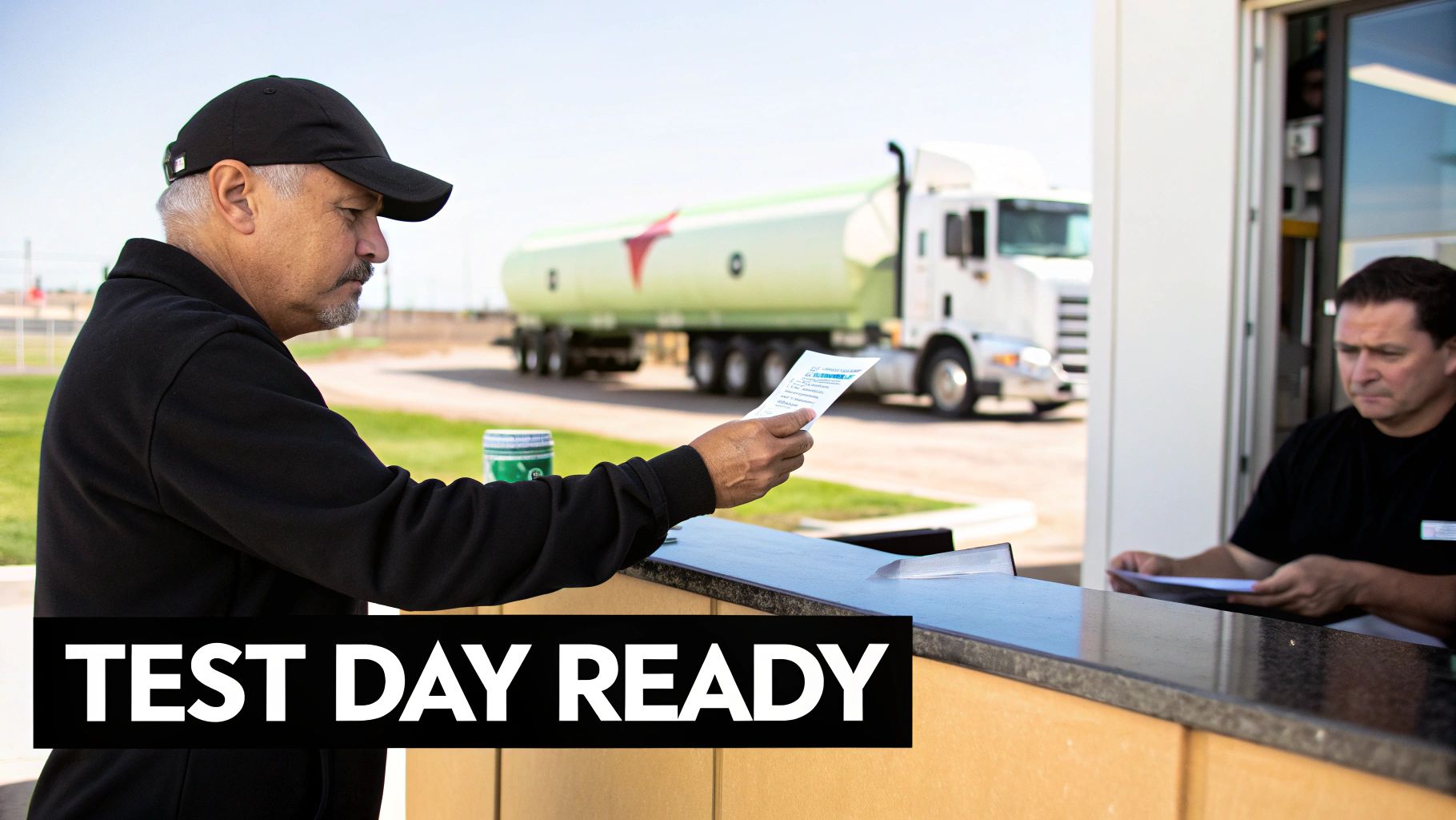 A man in a black cap reviews documents at a counter before a tanker endorsement test, with a truck in the background.