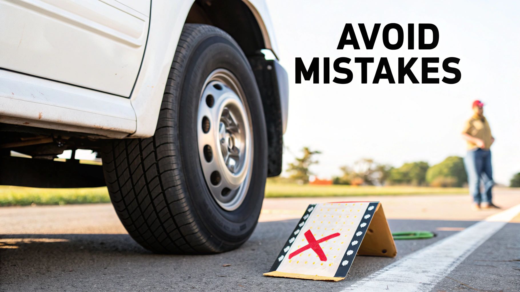 A vehicle wheel next to a red 'X' marker on the ground, with a person and 'AVOID MISTAKES' text.