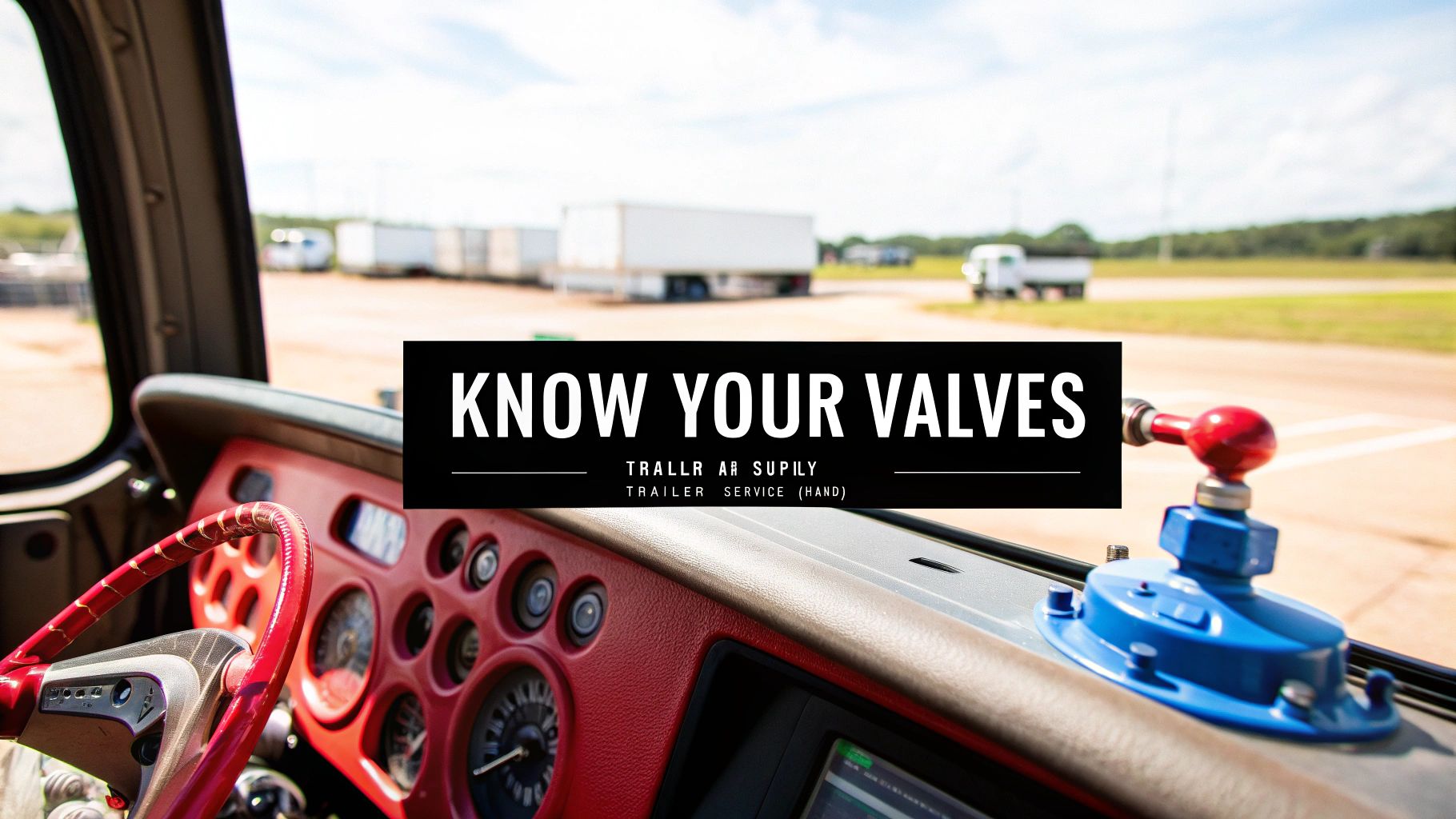 View from a truck cabin showing dashboard controls, steering wheel, and trailer park brake valves, with trucks outside.