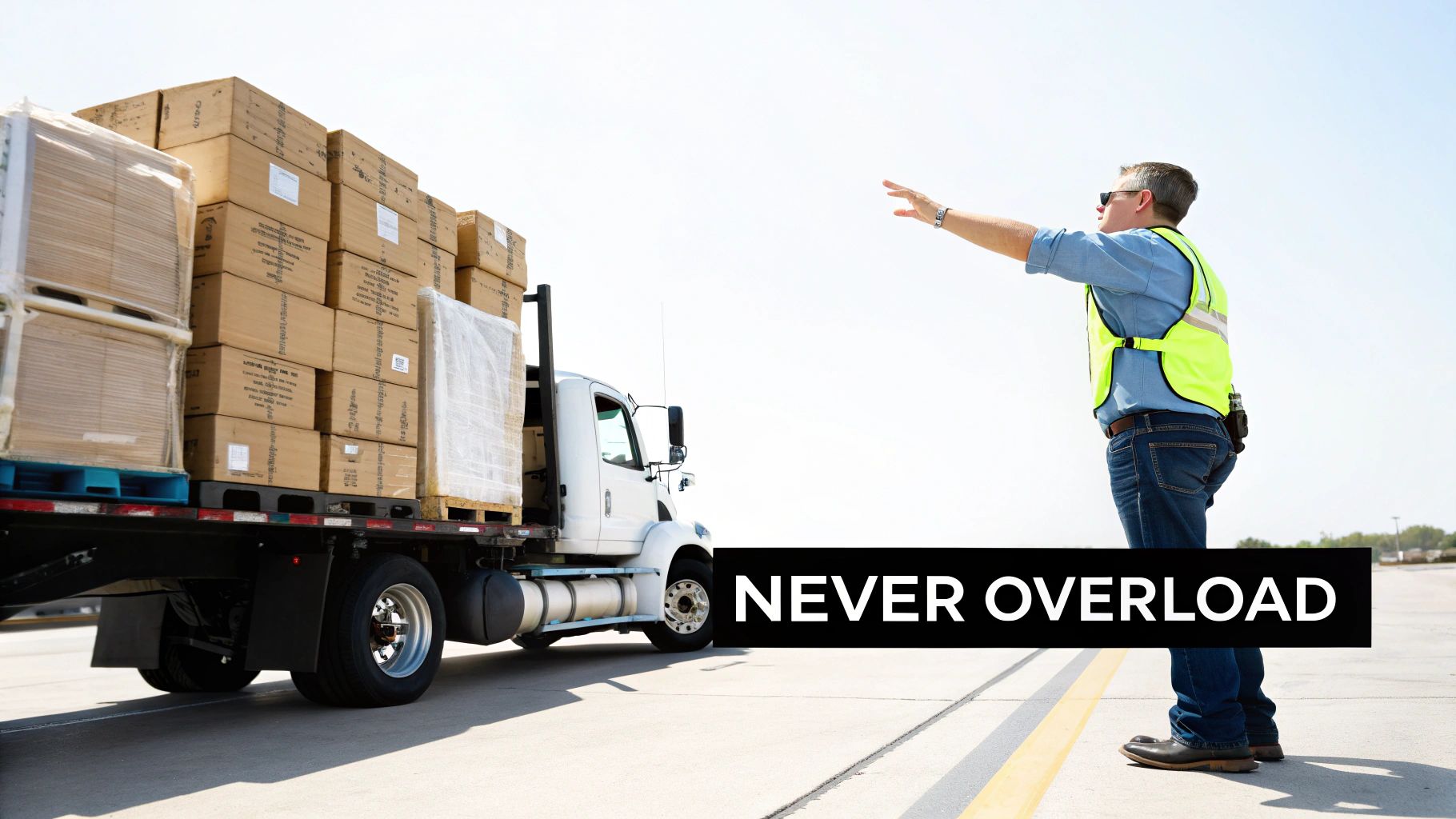 A man in a safety vest directs a flatbed truck loaded with boxes and pallets, emphasizing "NEVER OVERLOAD."
