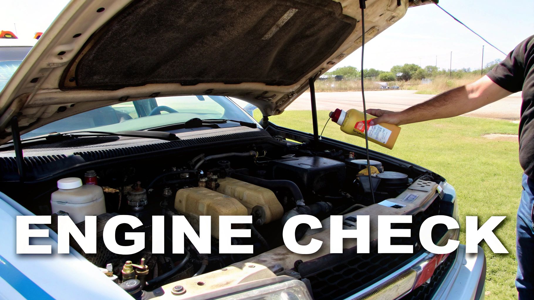 A driver checks the fluid levels in the engine compartment of a semi-truck.