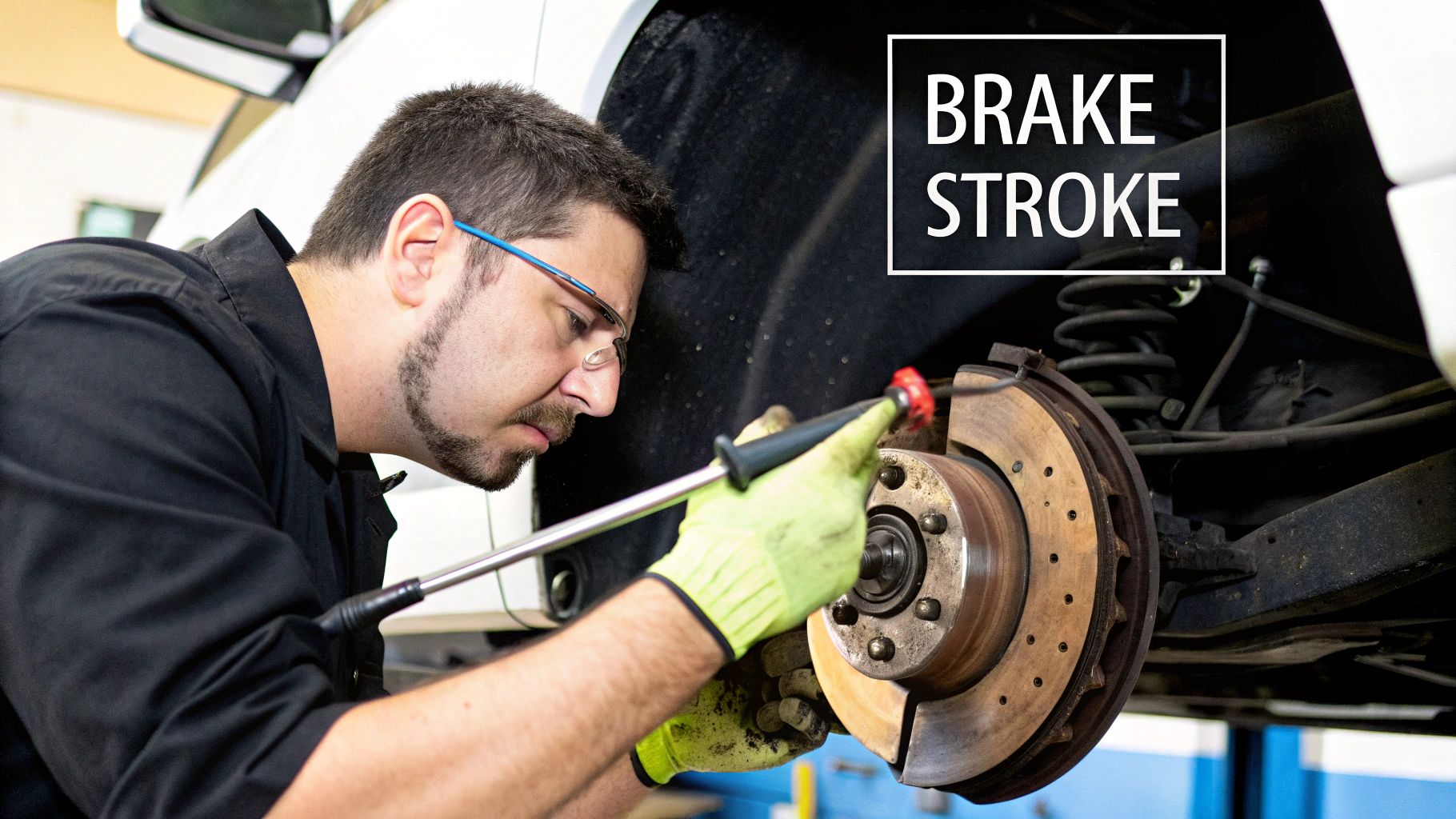 A close-up of a trailer's air brake chamber and slack adjuster, essential components for brake stroke measurement.