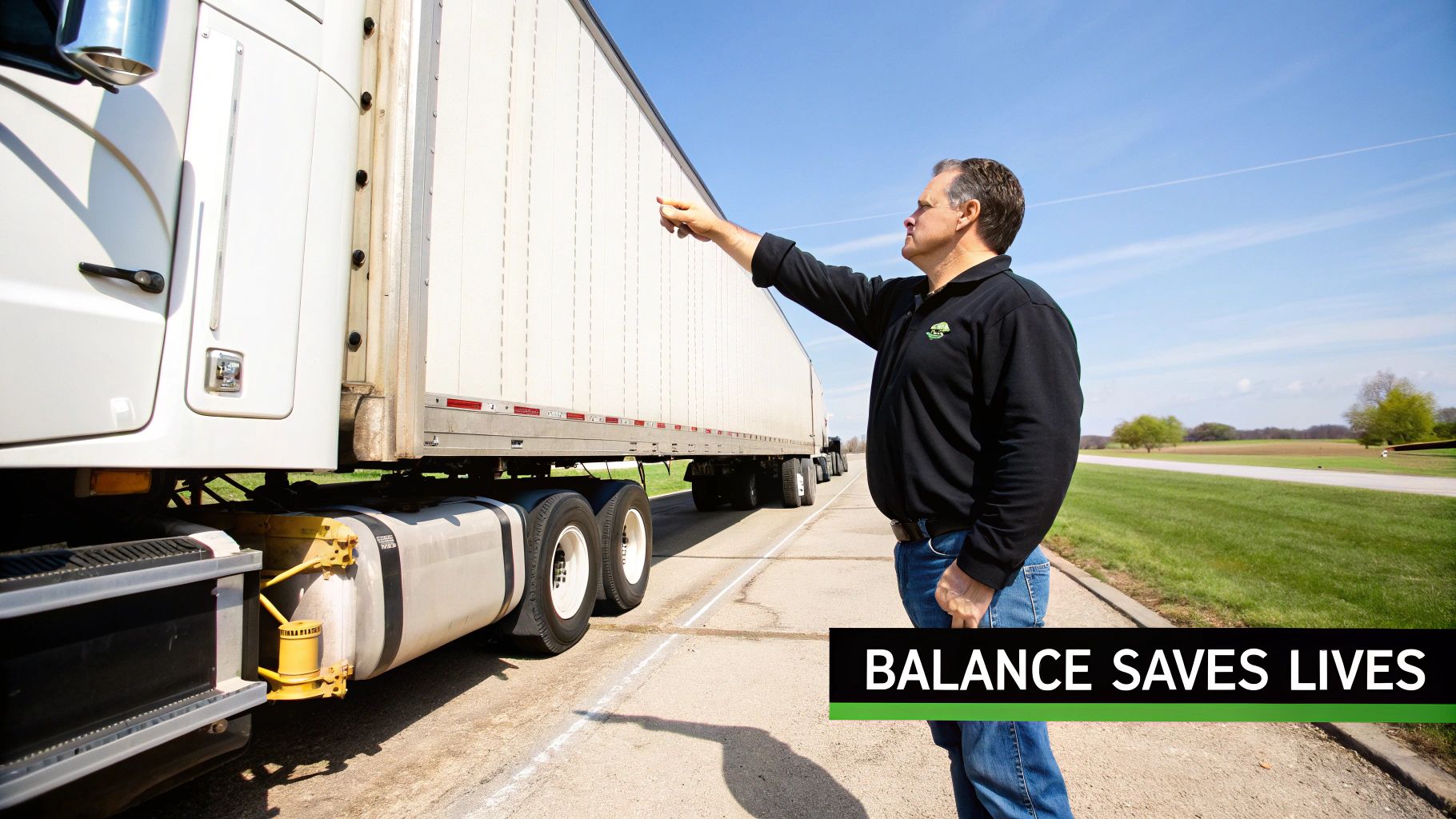 Truck driver performs pre-trip inspection, pointing at a large white semi-trailer.