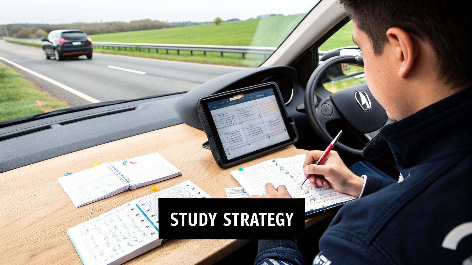 Person studying diligently inside a vehicle, writing in a notebook with a tablet visible, overlooking a road.