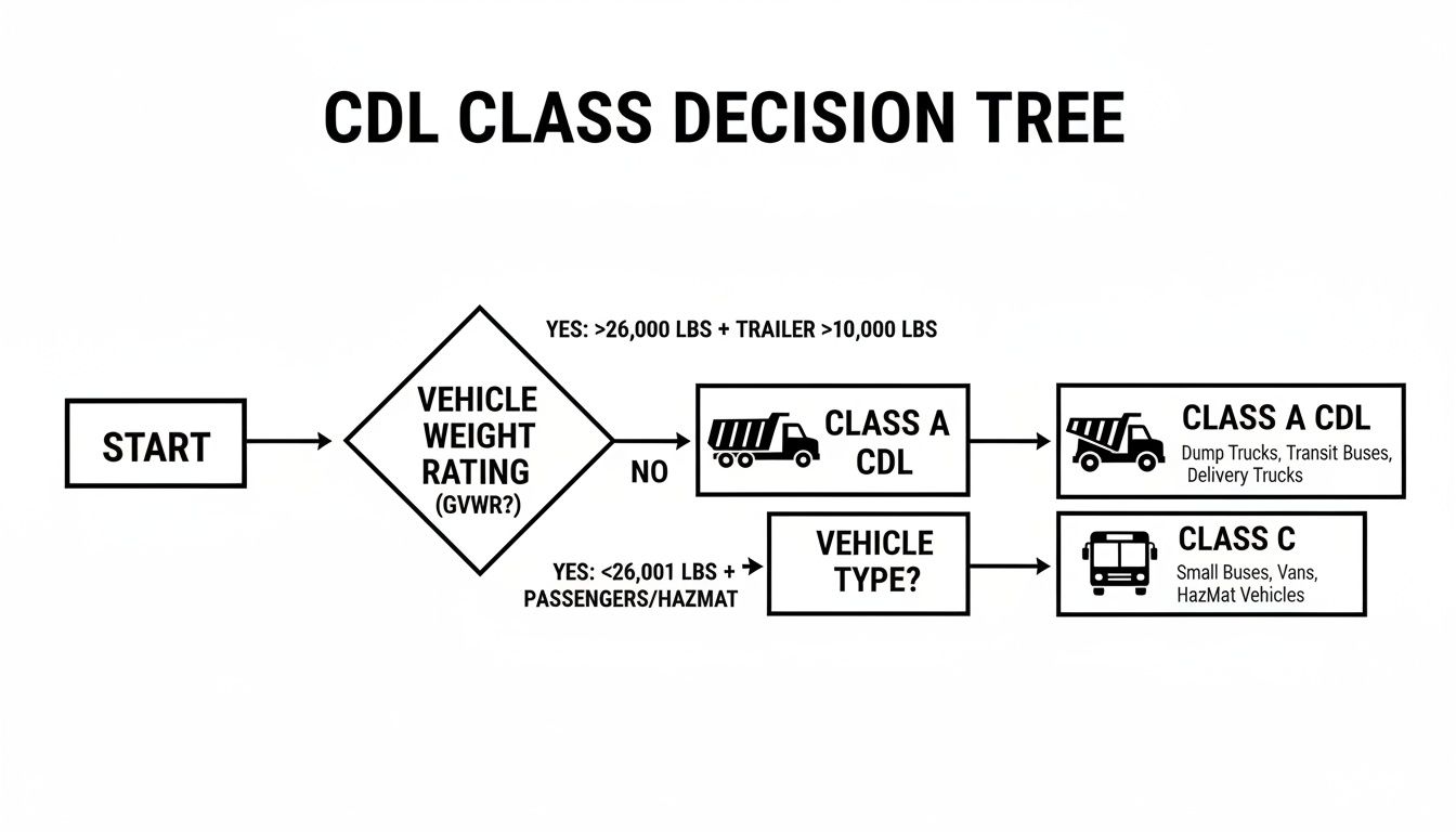Flowchart illustrating CDL Class A and Class C requirements based on vehicle weight and type.