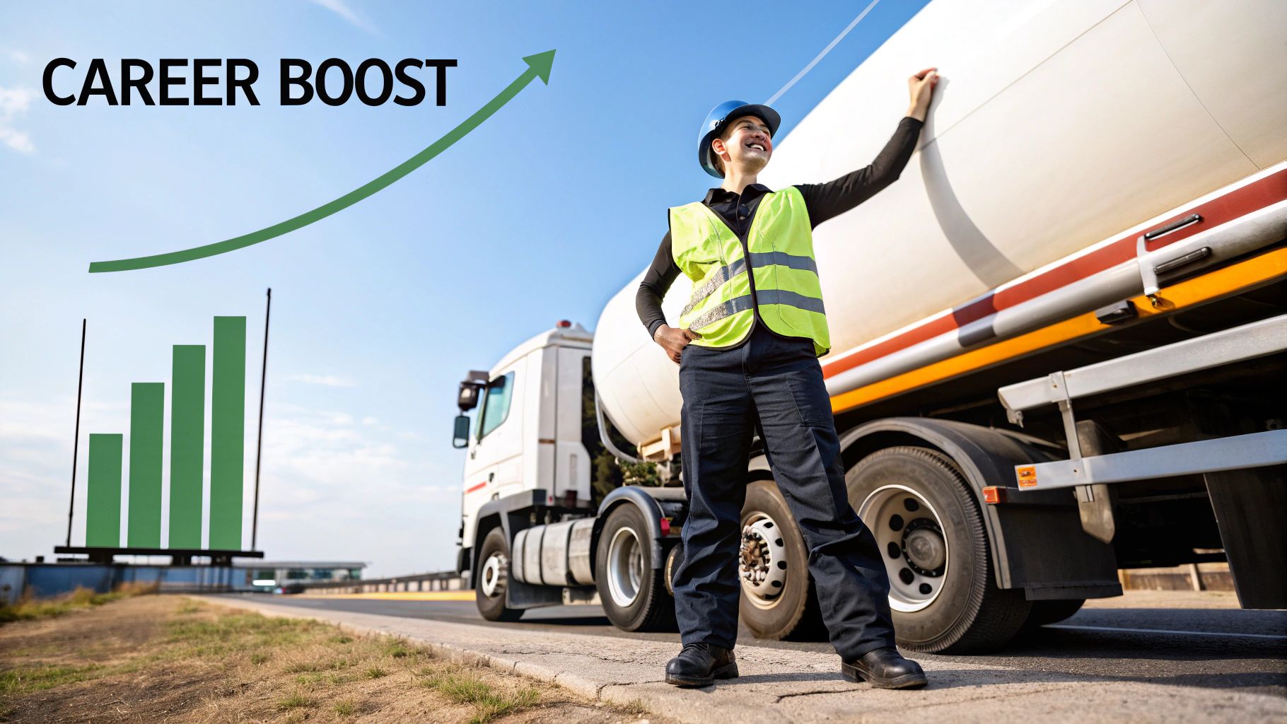 A tanker truck driving through a scenic industrial area, symbolizing a promising career path.