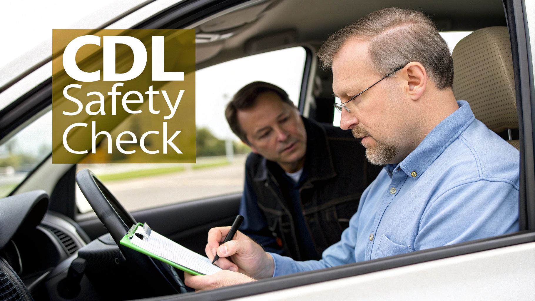Two men in a car, one reviewing a CDL safety checklist on a clipboard with a supervisor observing.