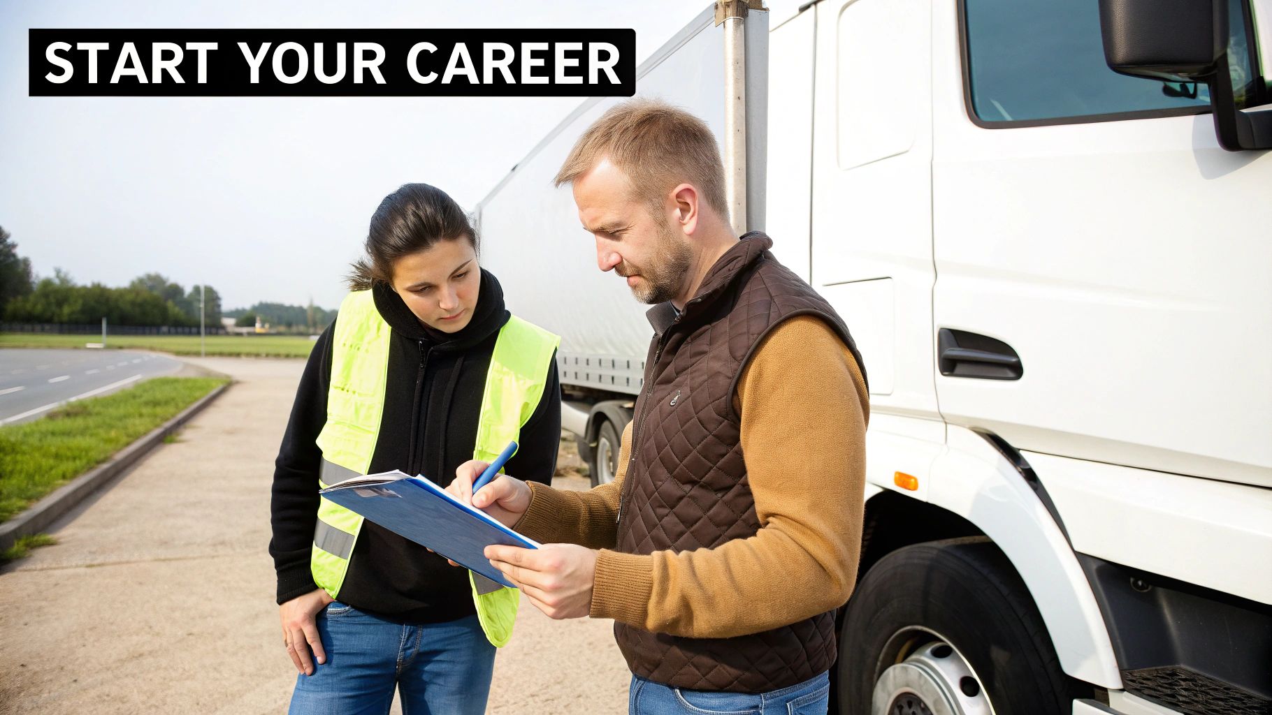 Two transport workers, a man and a woman in a safety vest, reviewing documents by a large white truck.