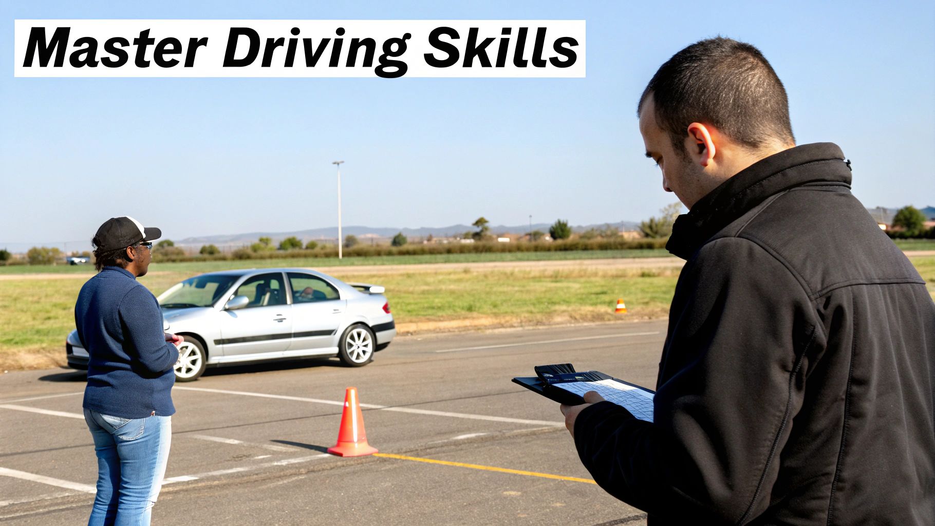 A driving instructor provides feedback to a student inside the cab of a commercial truck.