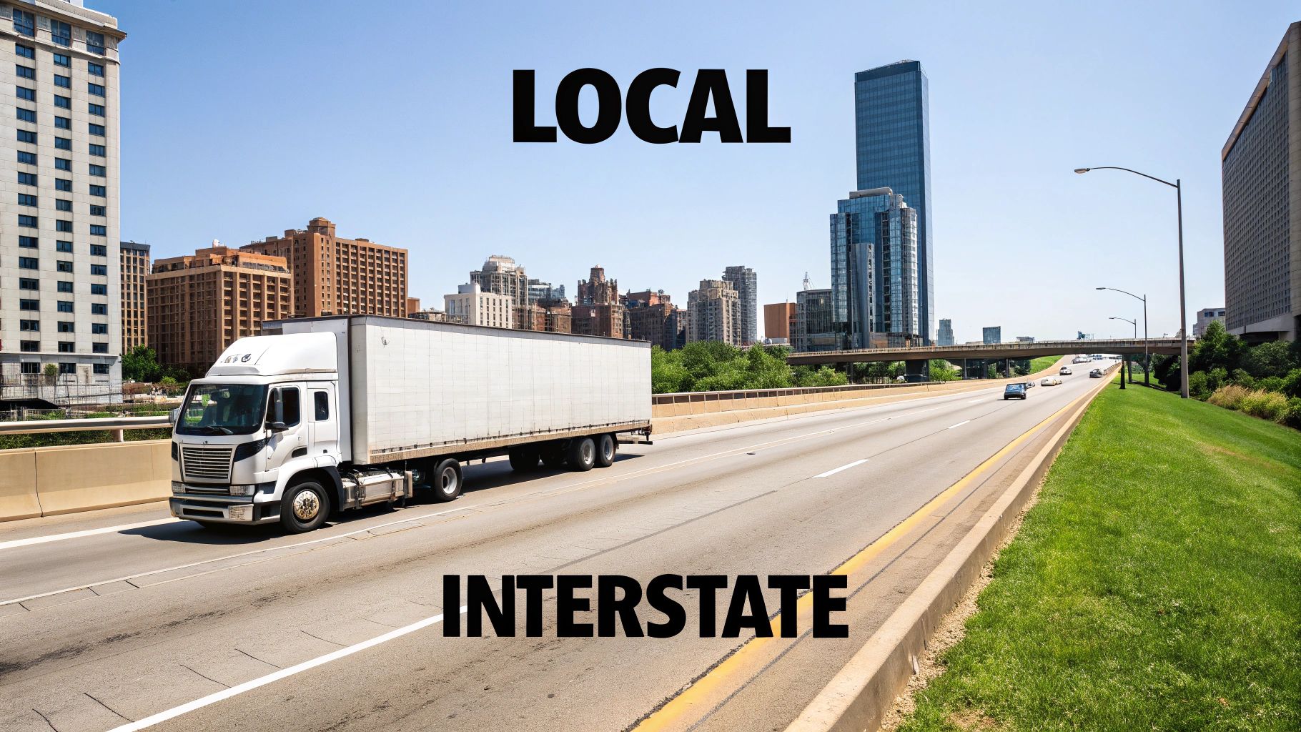 White semi-truck drives on a multi-lane city highway, with buildings and 'LOCAL INTERSTATE' text.