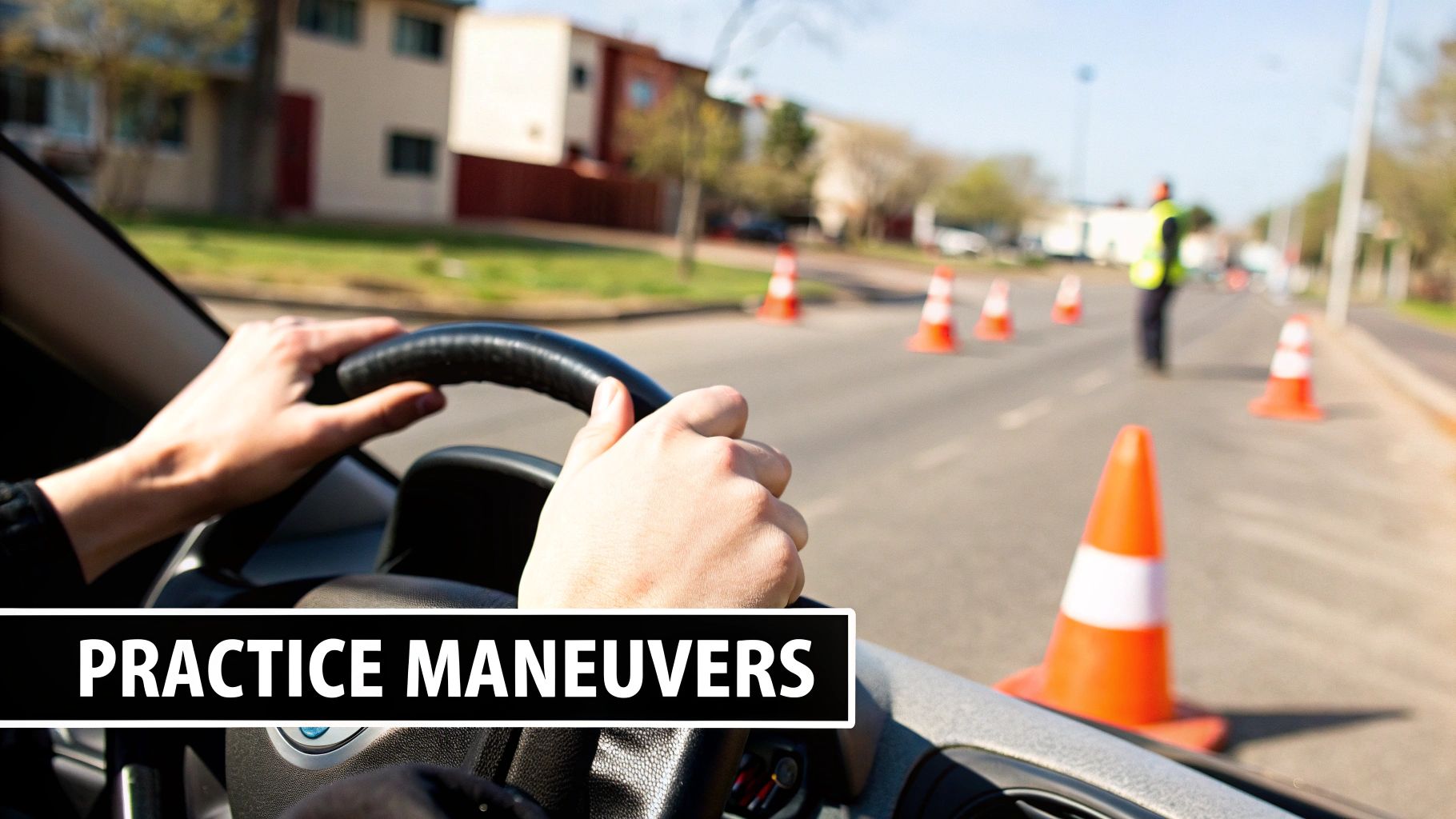 Hands on a steering wheel, practicing driving maneuvers with orange cones and an instructor on a road.