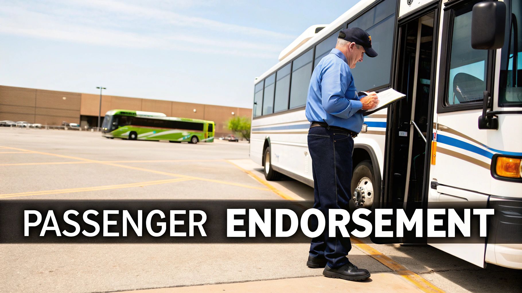 Bus driver in uniform writing on a clipboard next to a bus, with 'Passenger Endorsement' text.