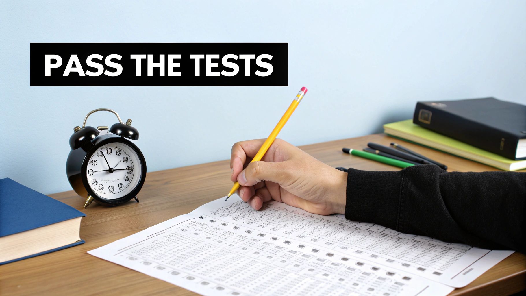Student's hand fills exam answer sheet with pencil, alarm clock nearby. 'PASS THE TESTS' banner.