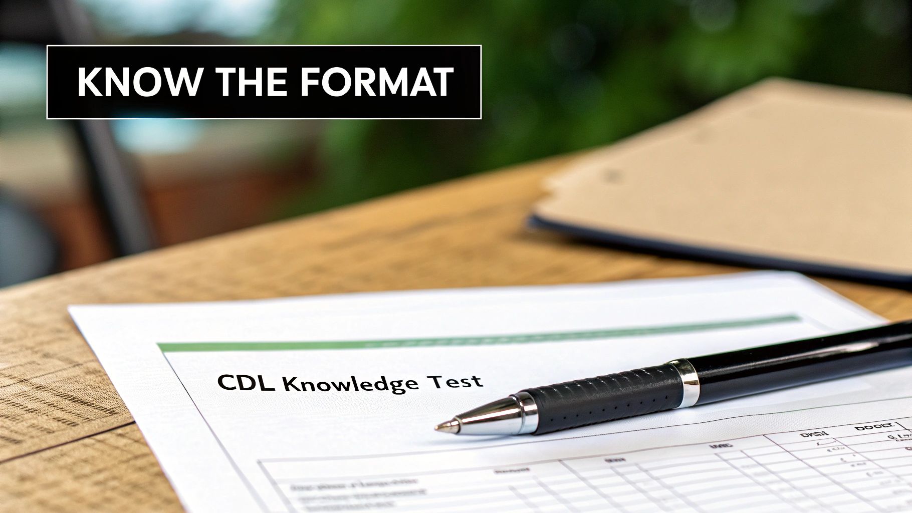 A CDL Knowledge Test paper with a pen on a wooden desk and 'KNOW THE FORMAT' banner.