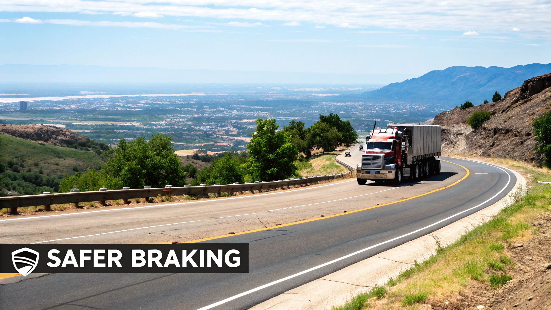 A red semi-truck drives down a winding mountain road overlooking a distant city and valley.