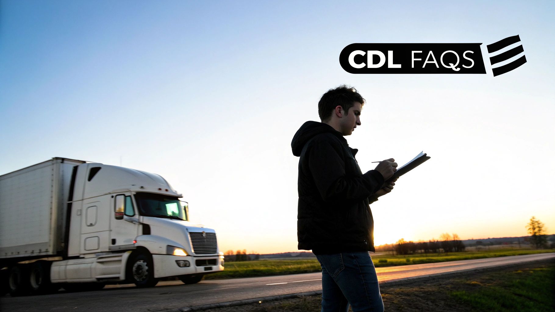 A truck driver in a black jacket writes on a clipboard beside a semi-truck on a road at sunset.
