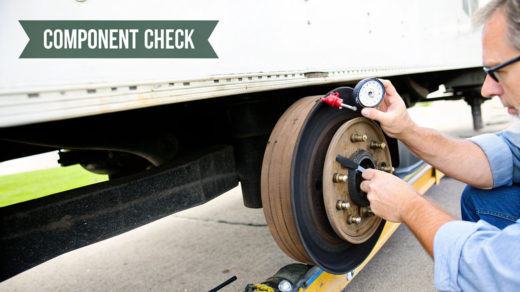 A mechanic inspecting the internal components of a trailer's brake drum assembly.