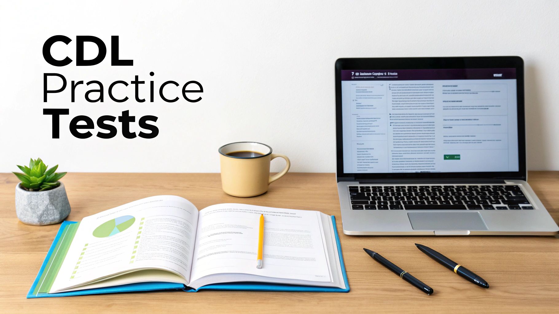A desk with a laptop, an open book, coffee mug, and pens, with 'CDL Practice Tests' text on the wall.
