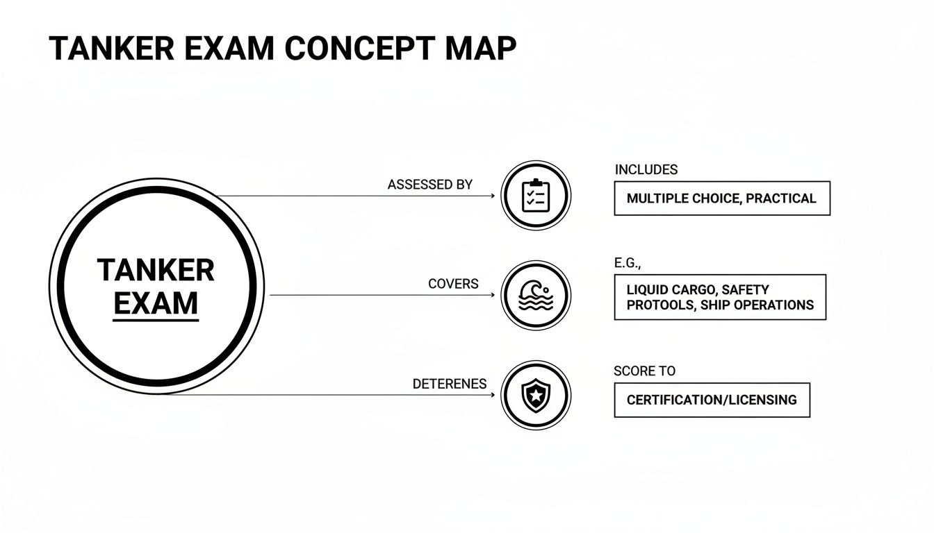 Concept map illustrating the tanker exam's assessment methods, covered topics, and resulting certification.