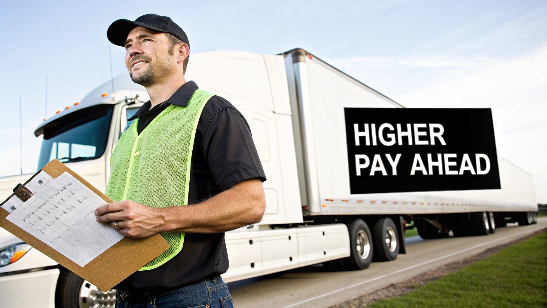 A smiling truck driver in a reflective vest holds a clipboard in front of a semi-truck with "HIGHER PAY AHEAD" on its trailer.