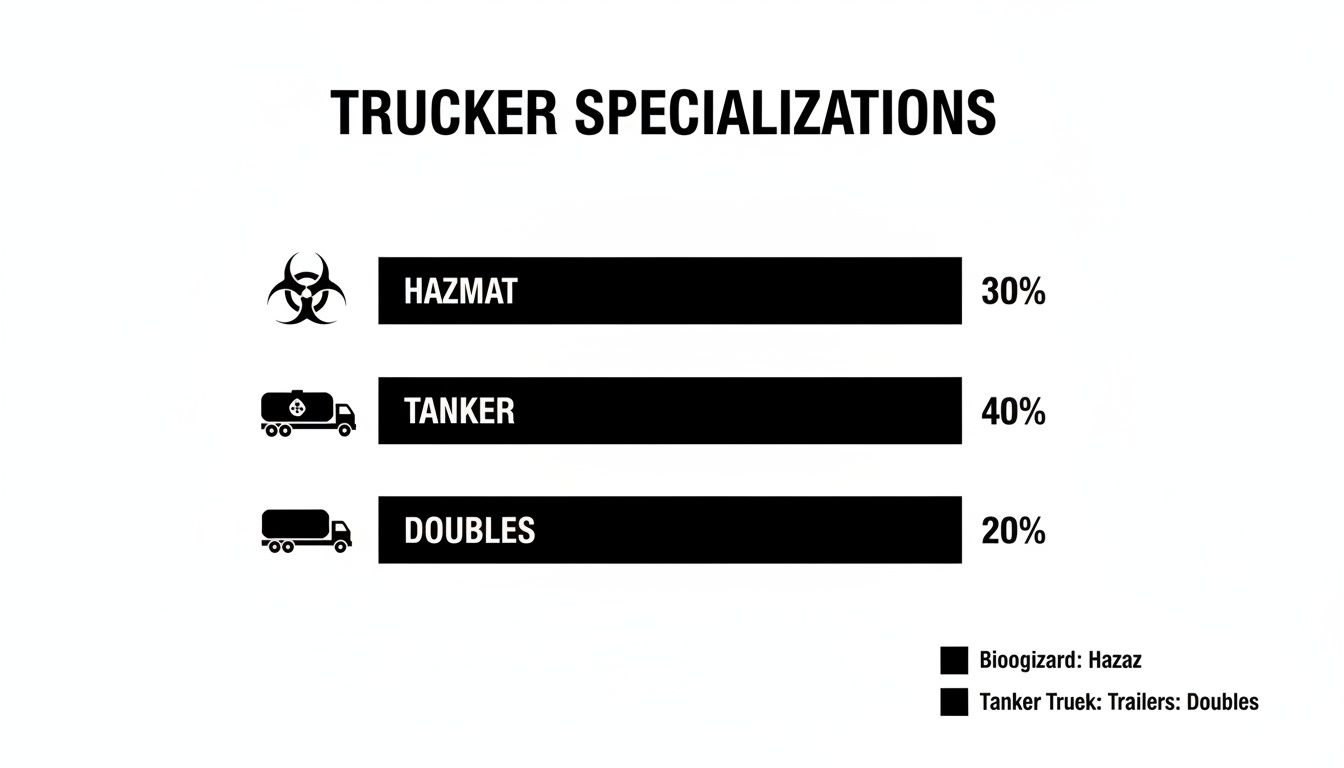 A bar chart titled 'Trucker Specializations' showing Hazmat (30%), Tanker (40%), and Doubles (20%).