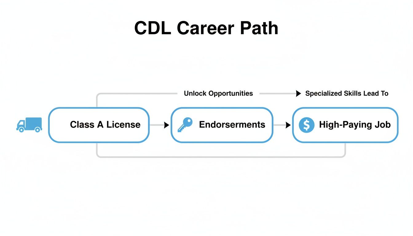 CDL career path diagram: Class A License to Endorsements for unlocked opportunities, leading to high-paying jobs.