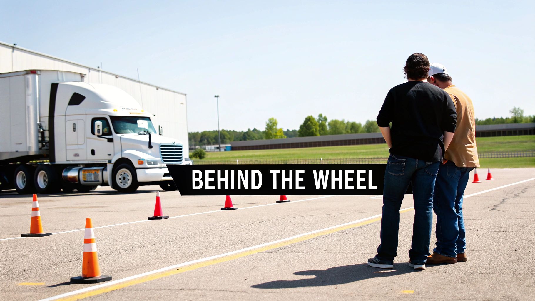 An instructor guiding a student inside a semi-truck cabin.