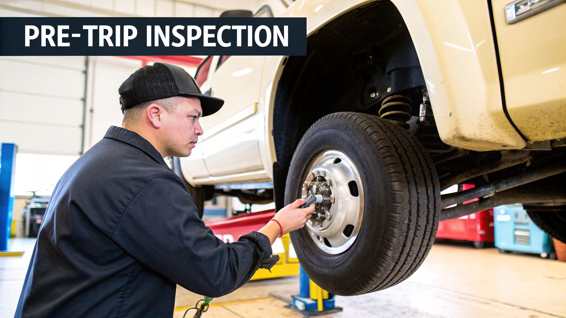 A truck driver performing a pre-trip inspection on the engine of a semi-truck.