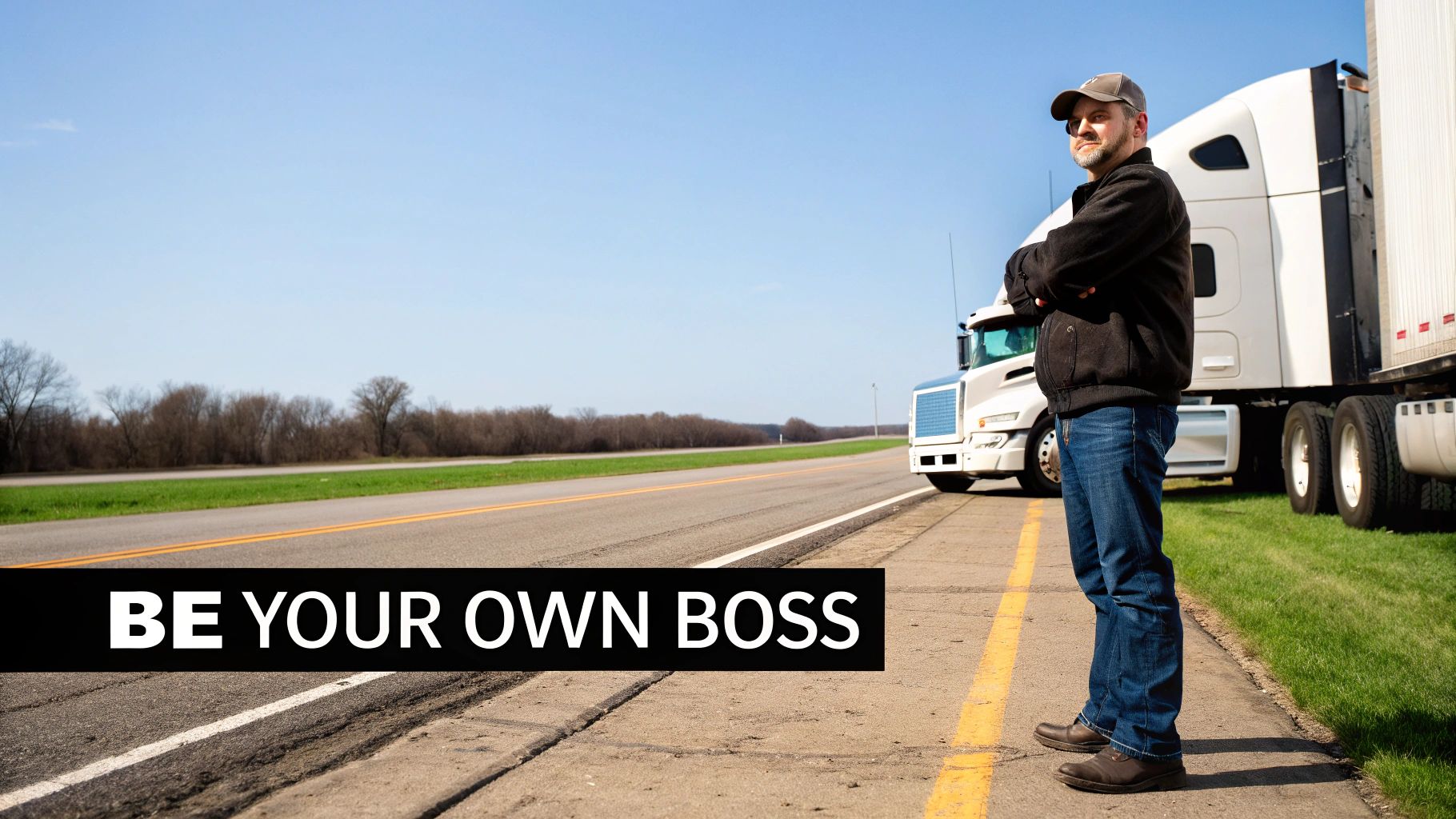 A semi-truck on the open road at sunset, symbolizing the freedom of an owner operator.