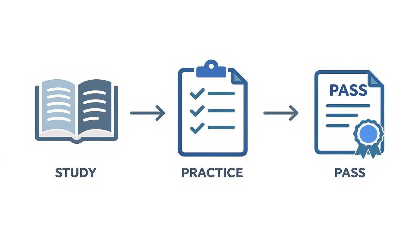 Three-step process showing study, practice, and pass workflow for CDL exam preparation with icons