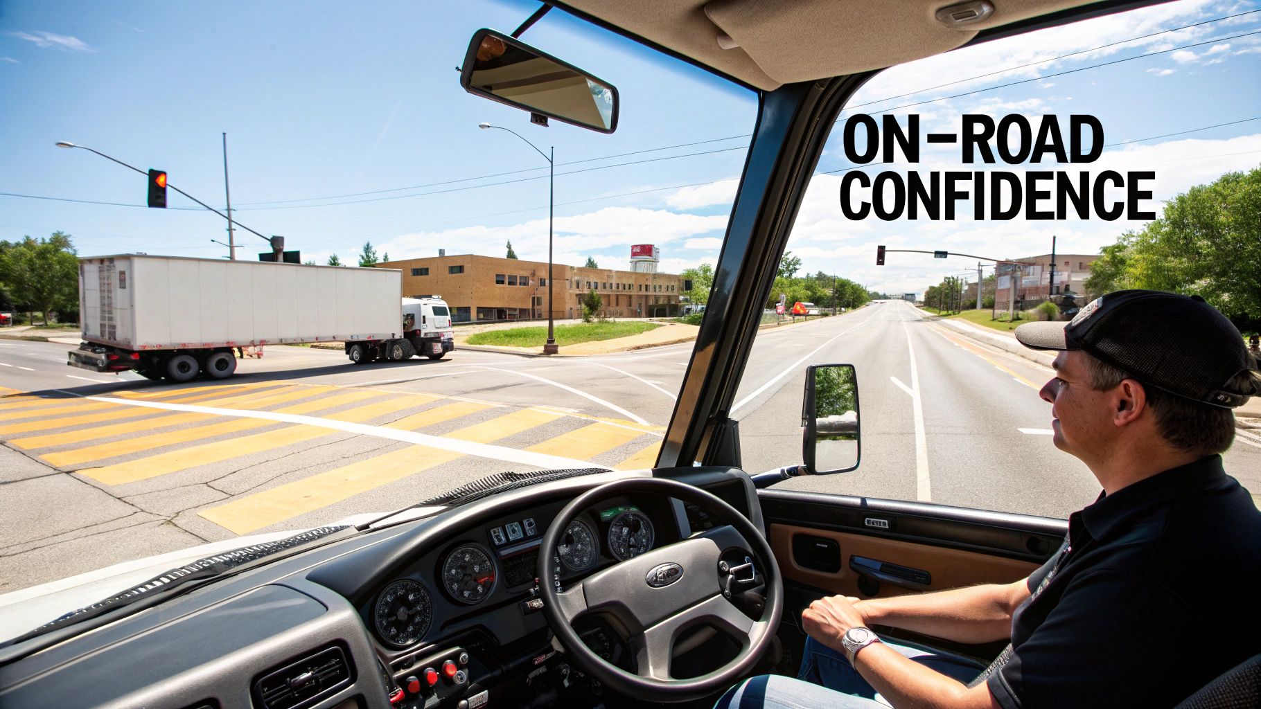 Driver's perspective inside a truck cab, looking at an intersection with another semi-truck.