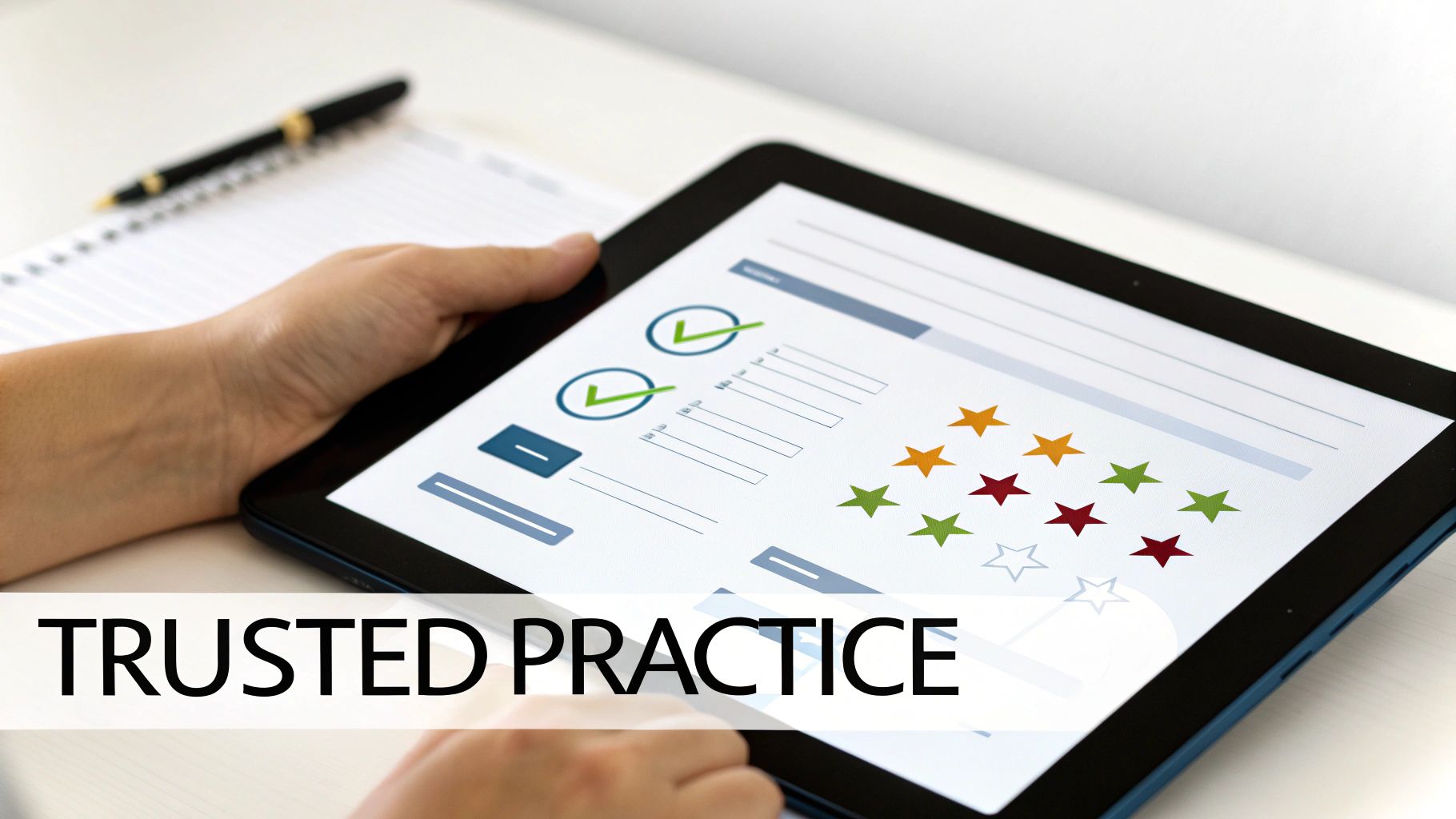 A person holding a tablet displays a digital assessment interface with checkmarks and colorful stars.