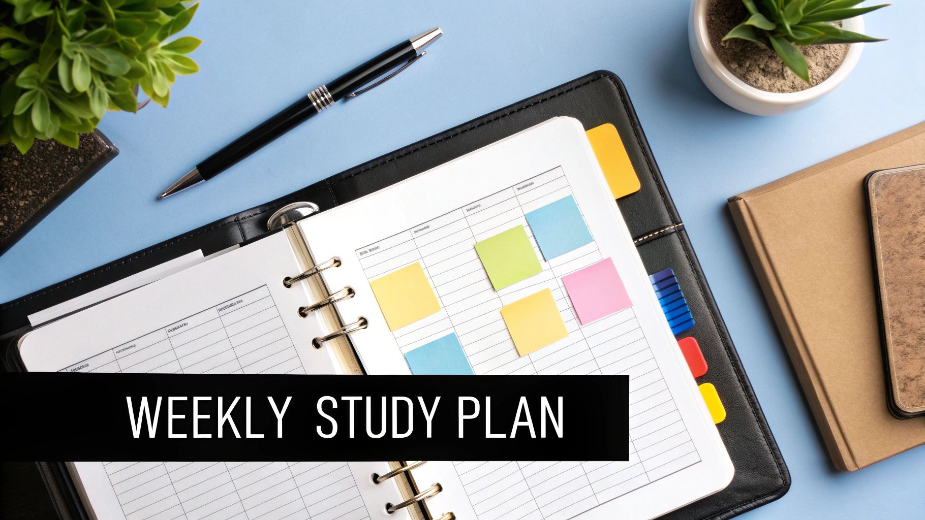 Overhead view of a weekly study plan notebook with colorful sticky notes, a pen, and potted plants.