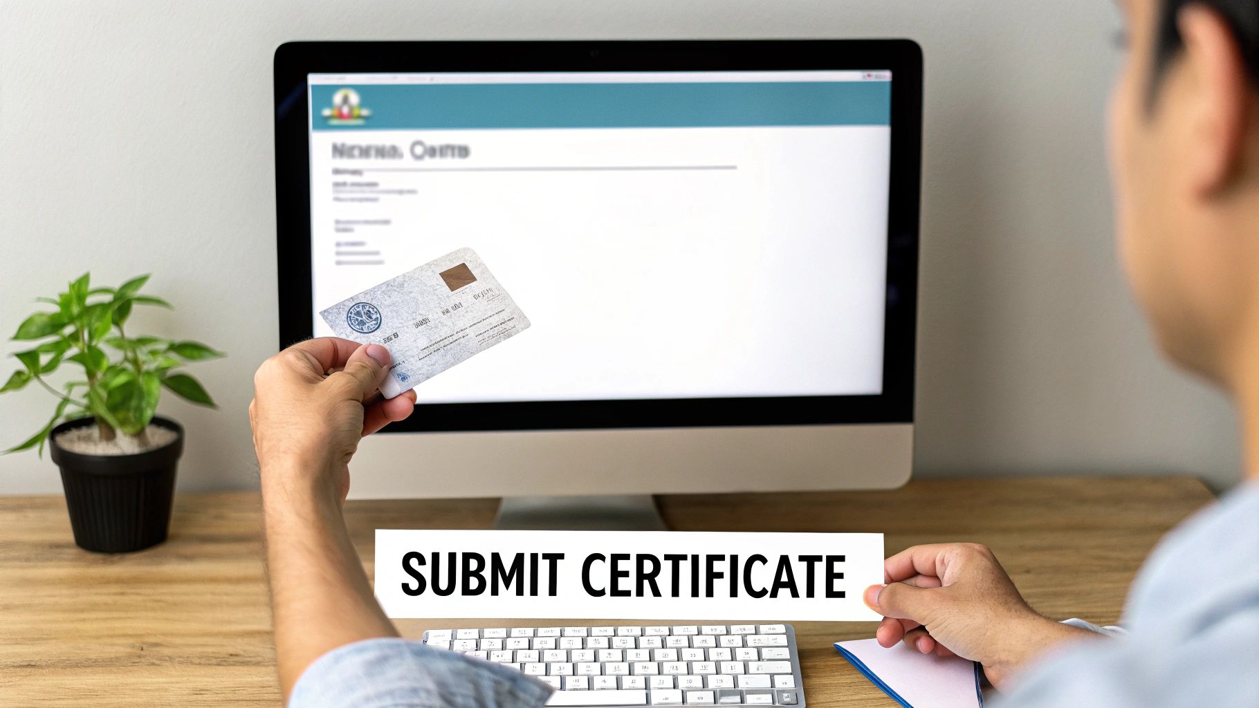 Person holding medical certificate card while submitting DOT physical exam documentation online at computer