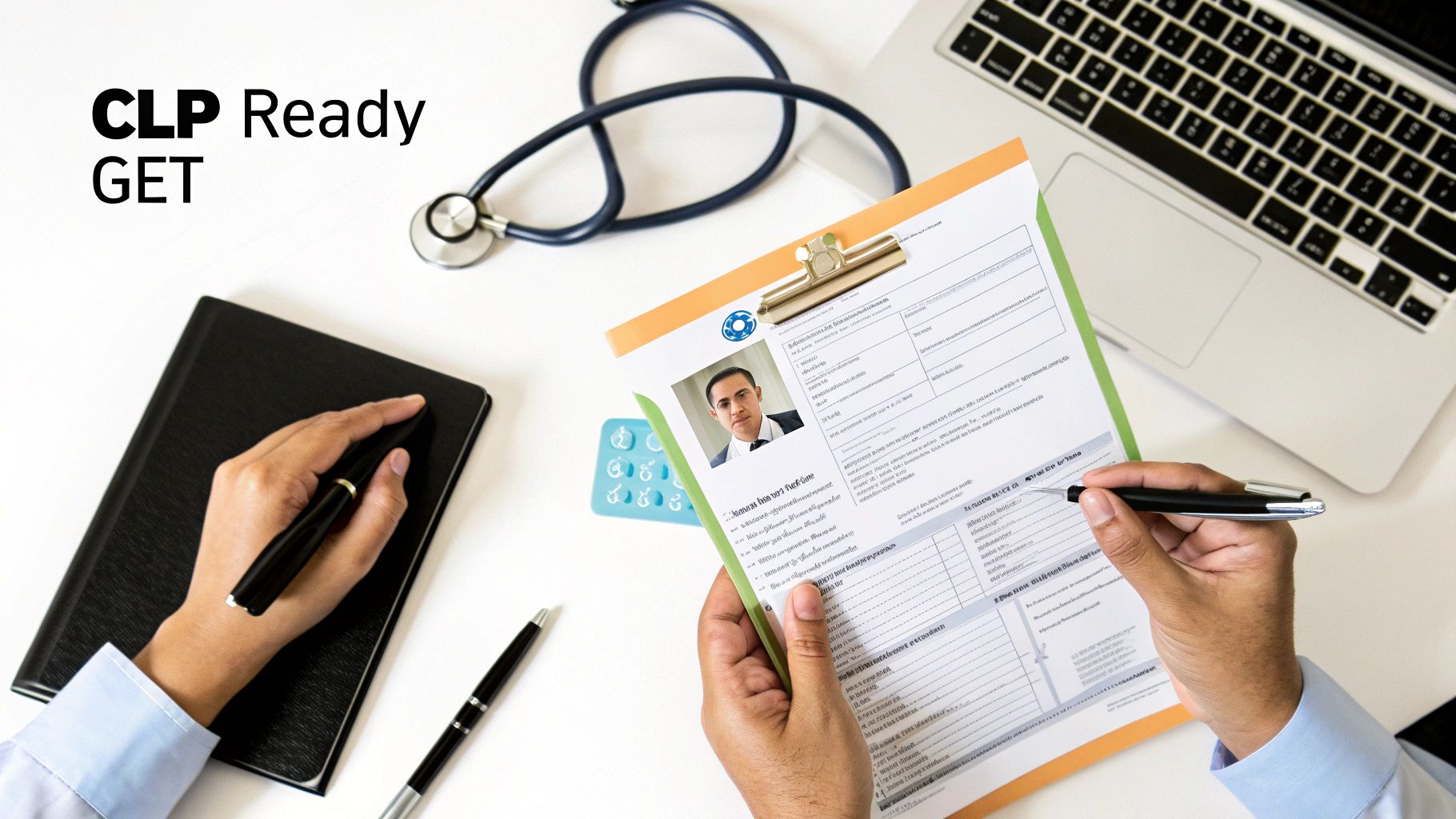 Overhead view of a person filling out medical forms at a desk with a stethoscope and laptop.
