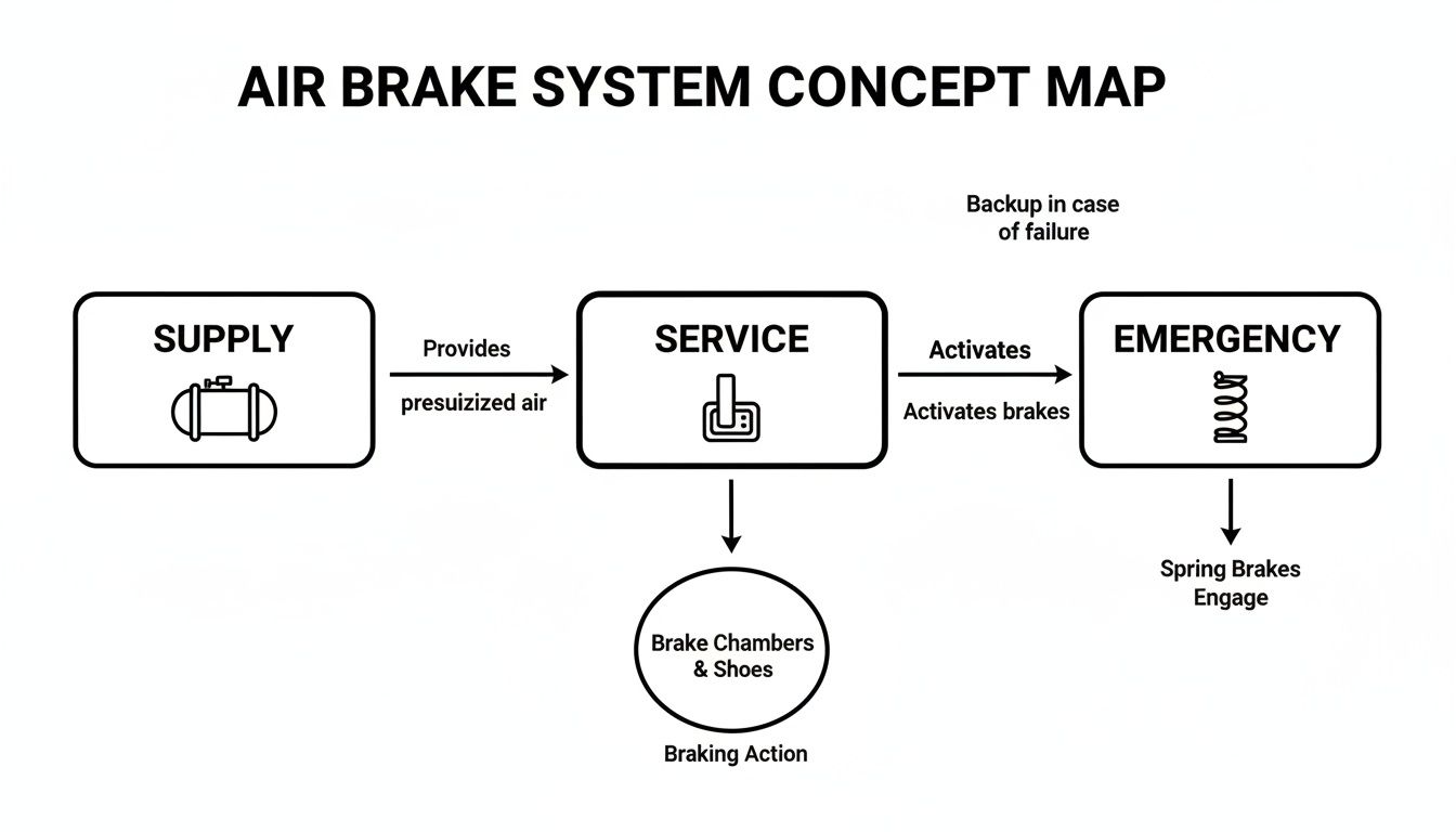 Concept map illustrating the components and operational flow of an air brake system for CDL training.