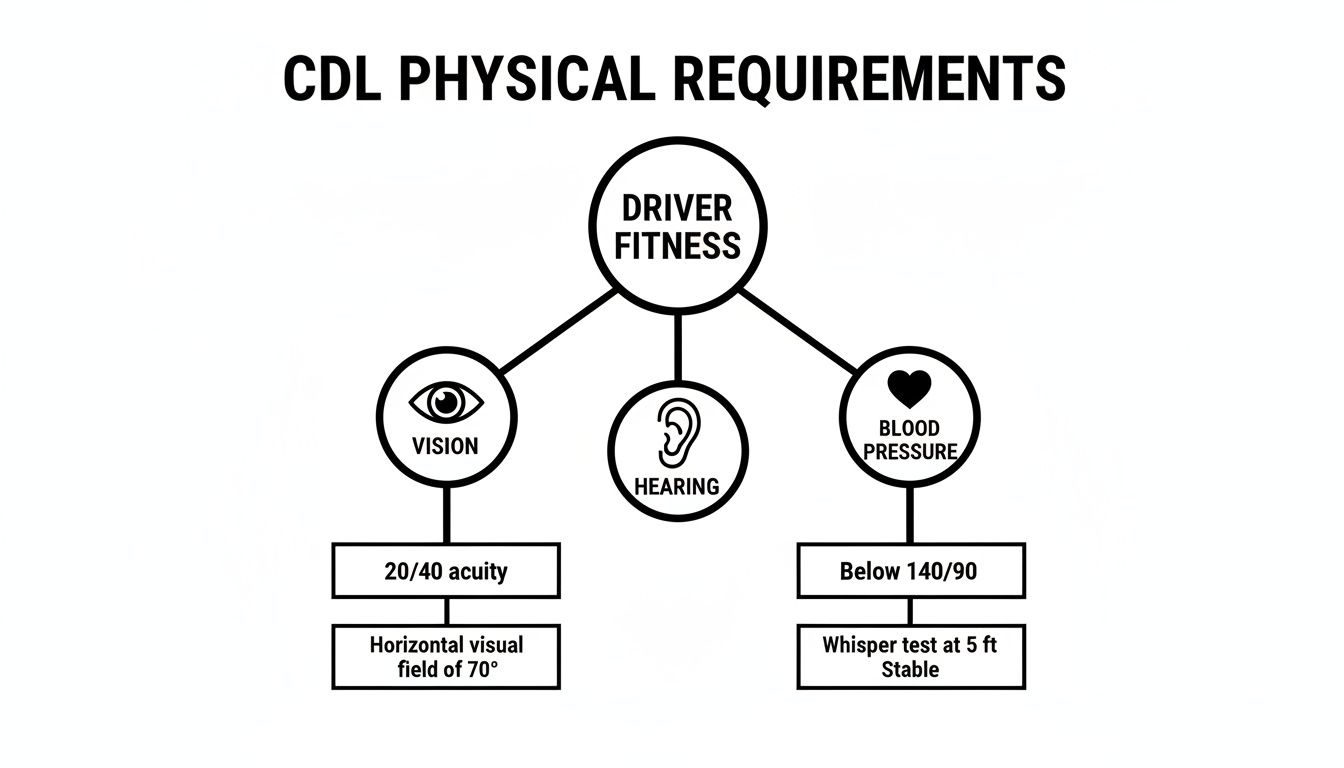 CDL physical requirements diagram illustrating driver fitness standards for vision, hearing, and blood pressure.